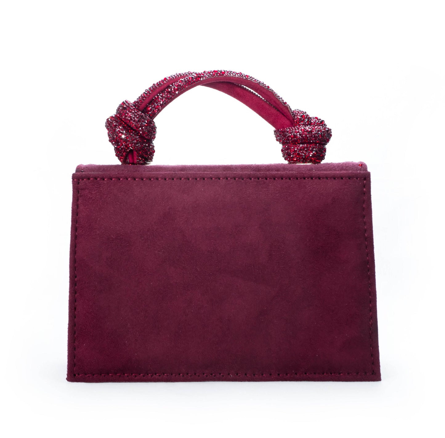 Maroon handbag with decorative handle on a white background