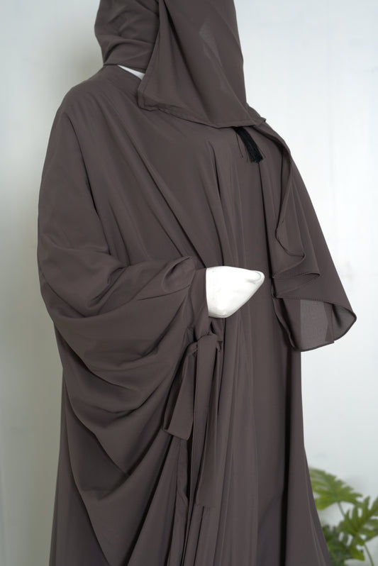 Mulaabis Taupe Brown Butterfly Abaya with Matching Hijab Set