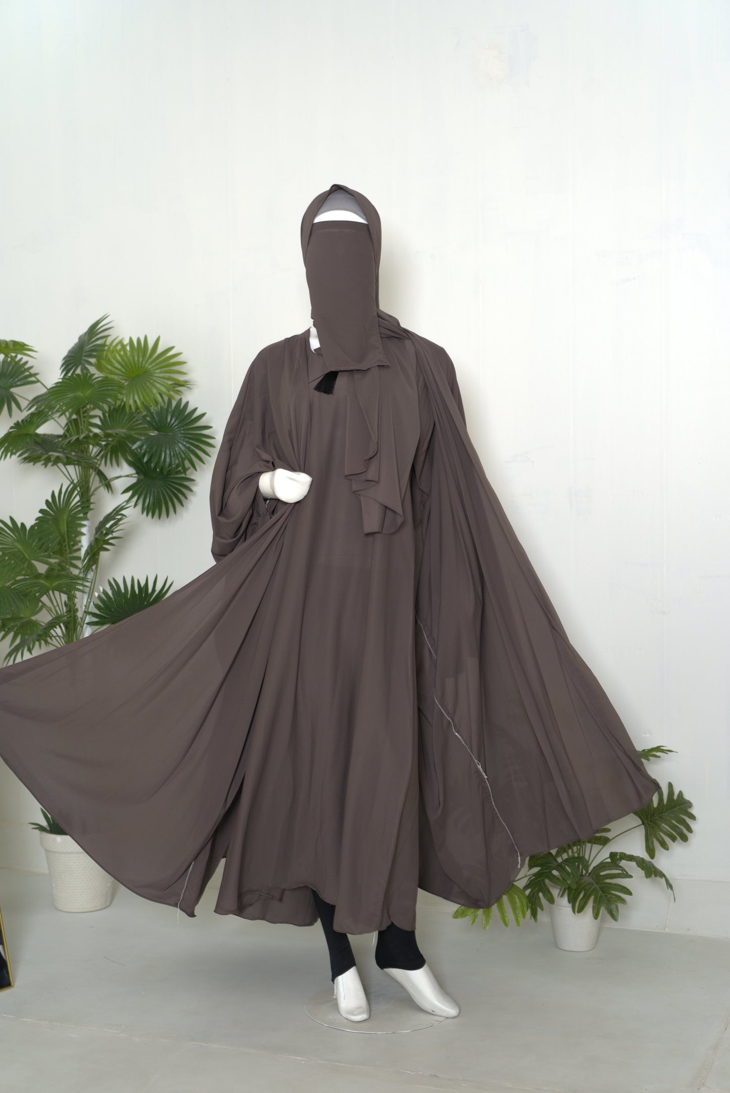 Mulaabis Taupe Brown Butterfly Abaya with Matching Hijab Set