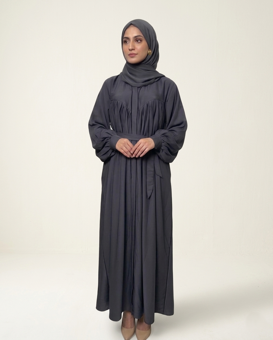 Elegant Slate Grey Pleated Abaya