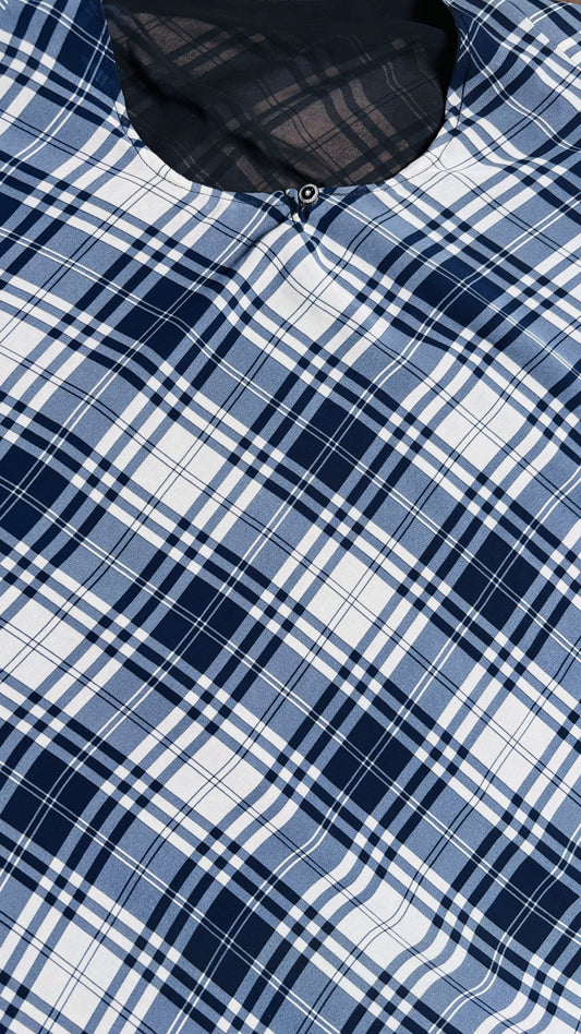 Classic Blue & White Plaid Maxi Abaya | Diagonal Tartan Print Modest Dress