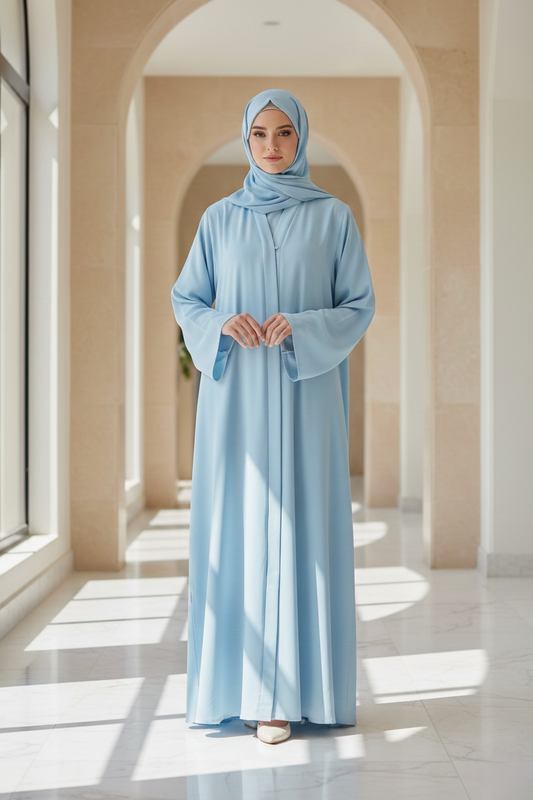 Pastel Blue Umrah Open Abaya with matching hijab