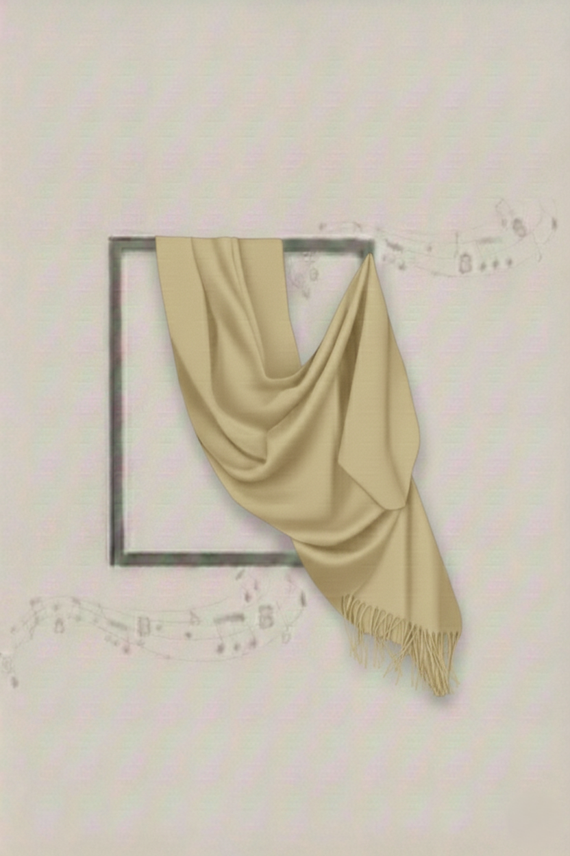 Beige fabric draped over a decorative frame on a light background
