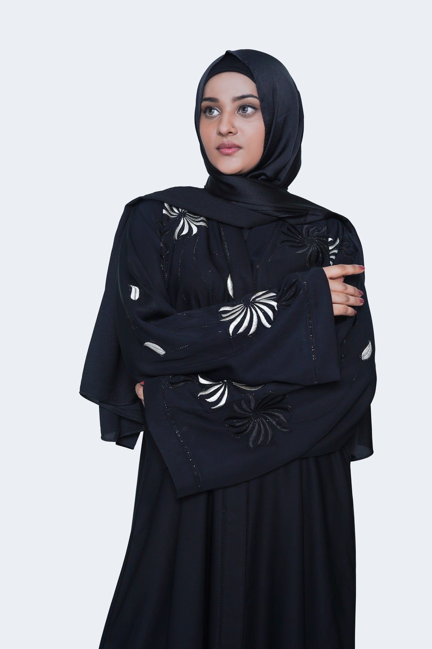 Elegant Black Embroidered Open Abaya 