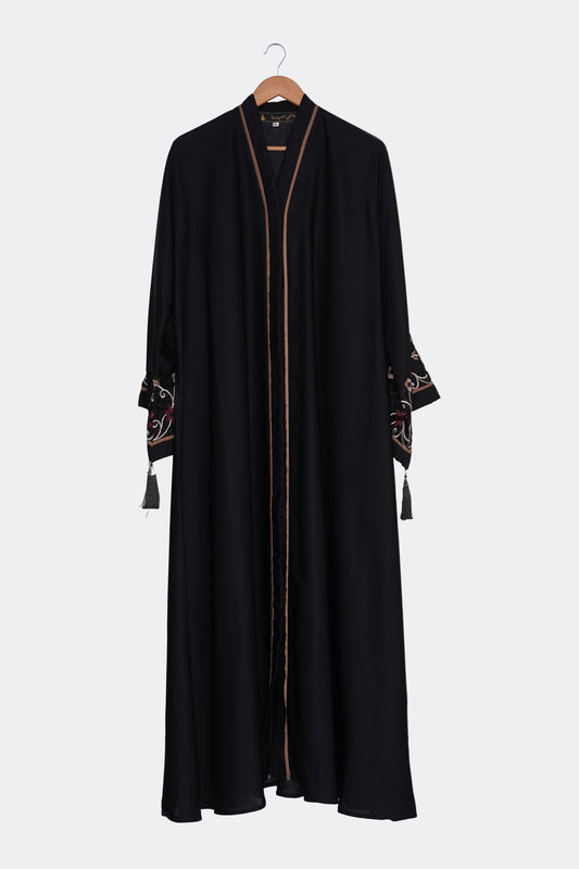 Black Open Abaya with Sleeve Embroidery