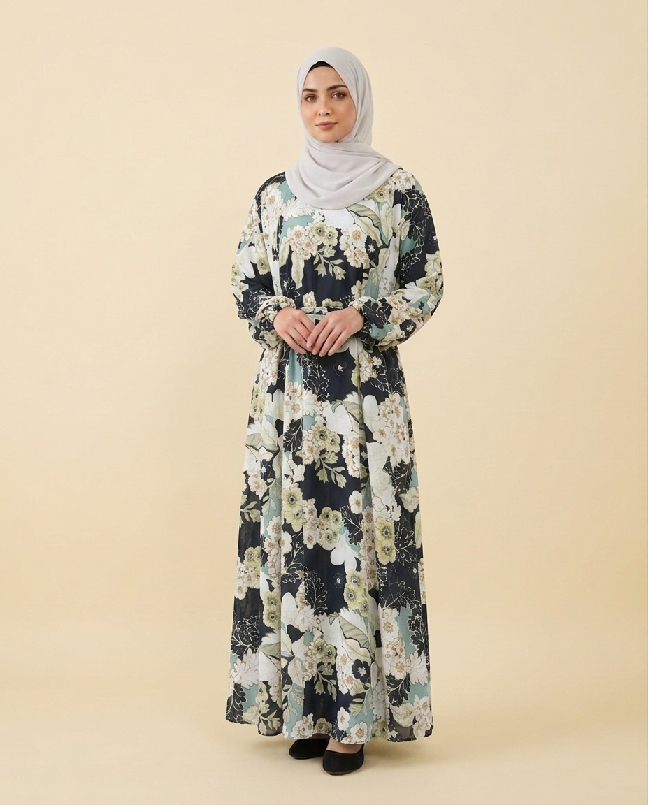 Black & Sage Floral Nida Georgette Abaya – Lightweight Everyday online