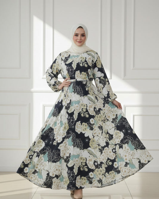 Black & Sage Floral Nida Georgette Abaya – Lightweight Everyday Luxe