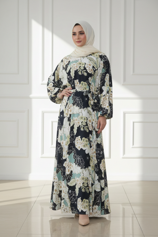 Black & Sage Floral Nida Georgette Abaya – Lightweight Everyday Luxe