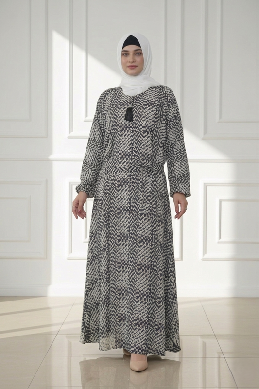 Elegant Black & White Nida Georgette Maxi Abaya with Geometric Print