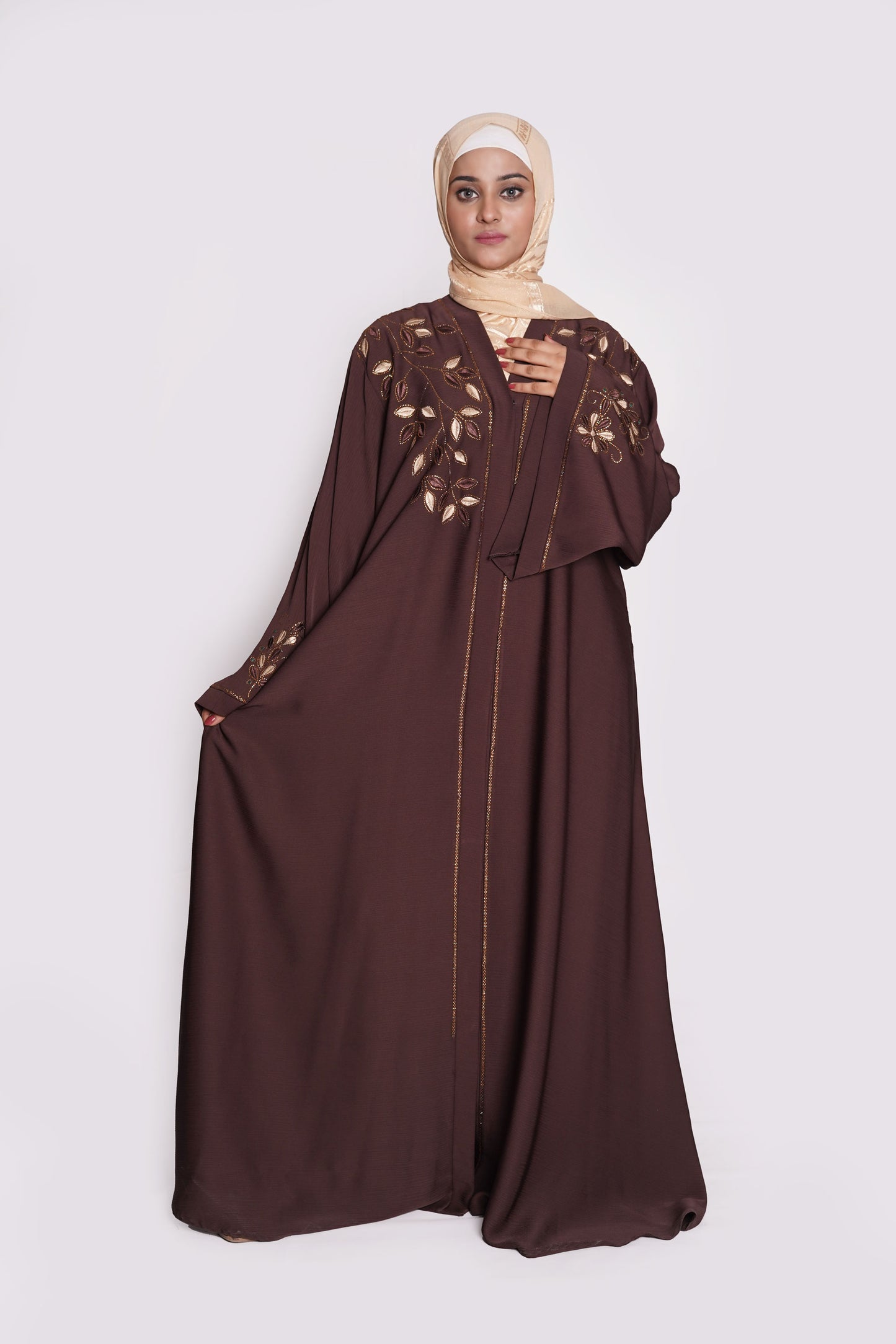 Chocolate Brown Embroidered Nida Abaya