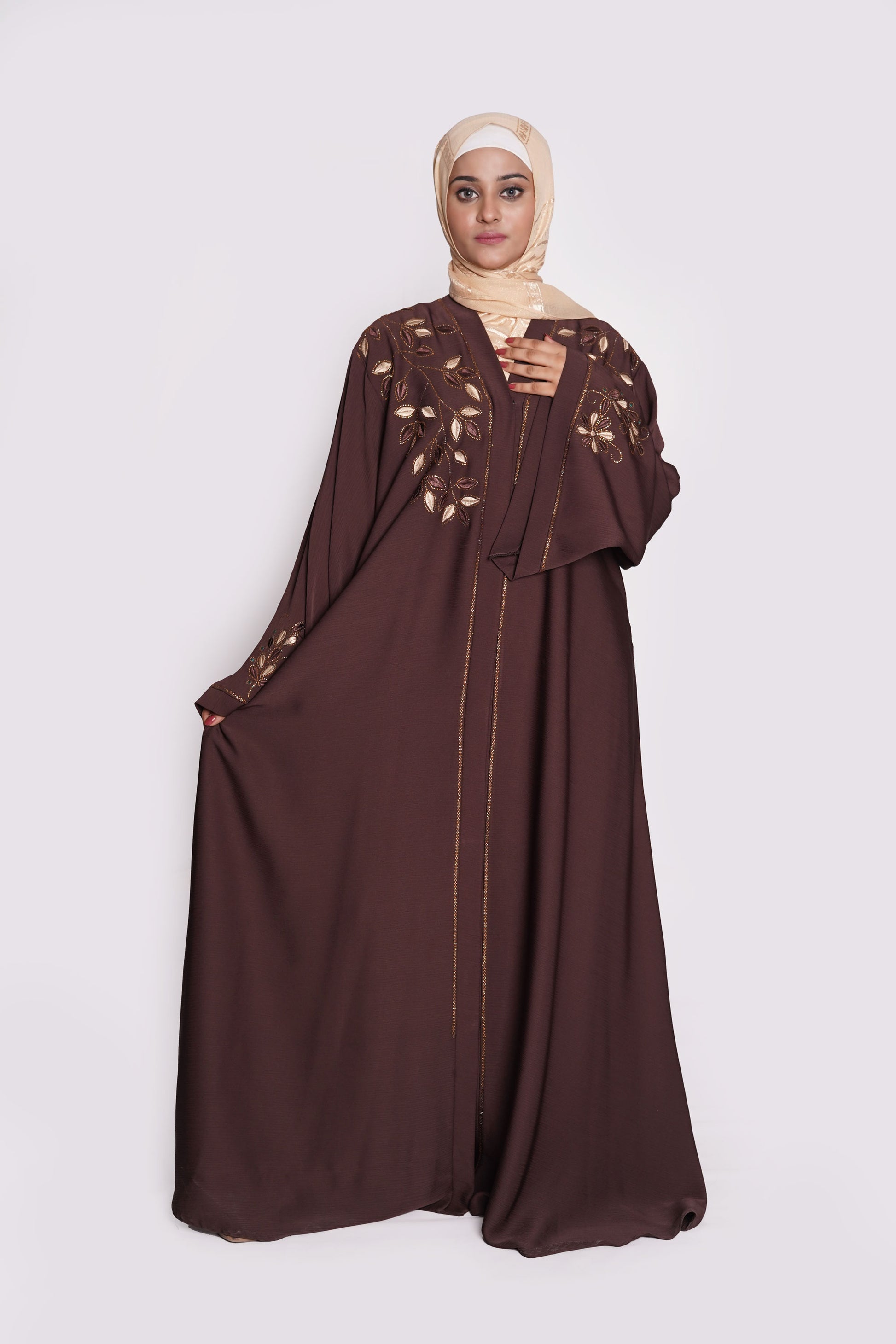 Chocolate Brown Embroidered Nida Abaya