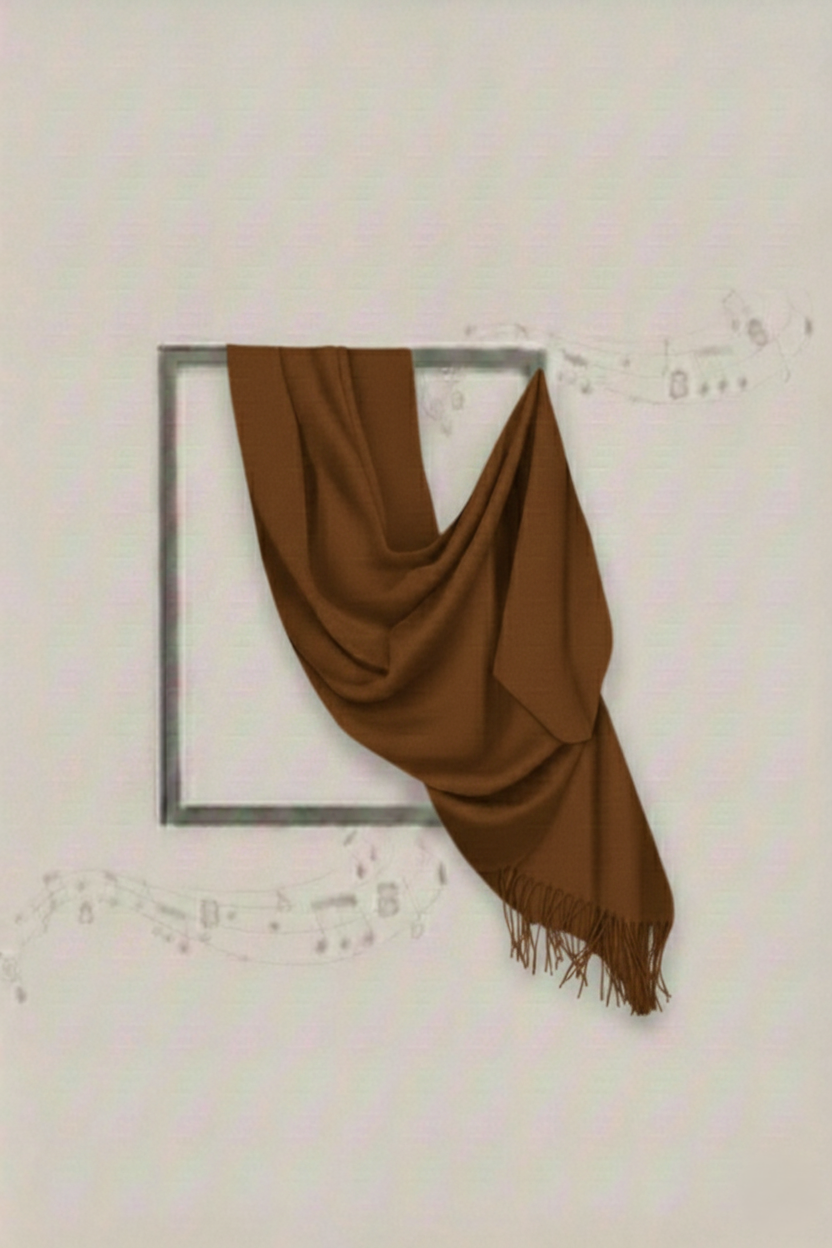 Brown scarf draped over a rectangular frame on a light gray background
