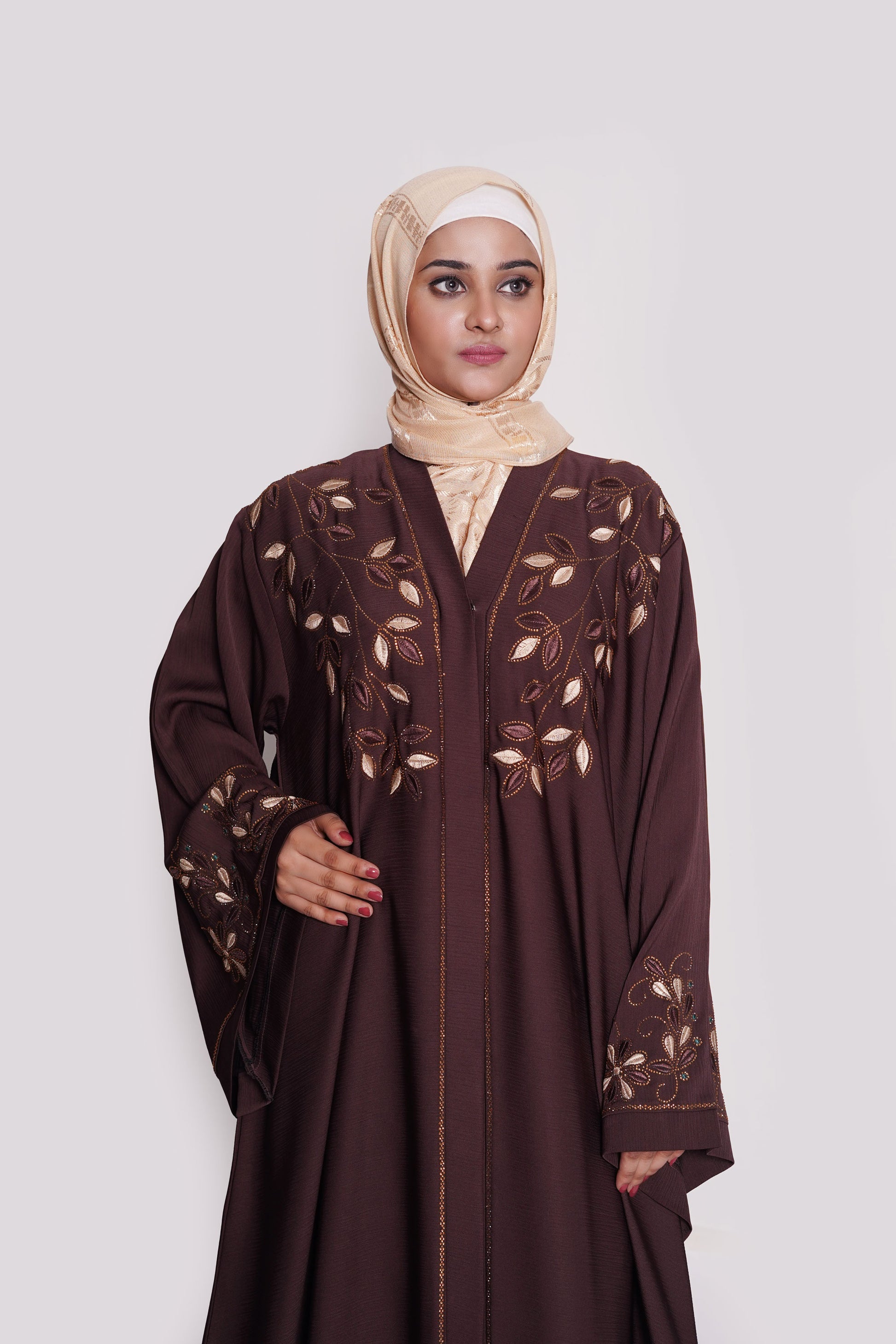 Chocolate Brown Embroidered Nida Abaya