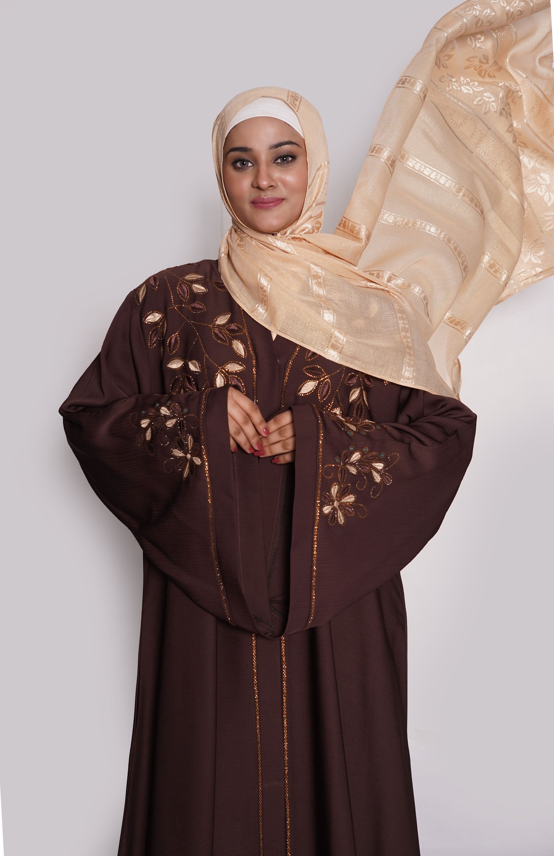 Chocolate Brown Embroidered Nida Abaya