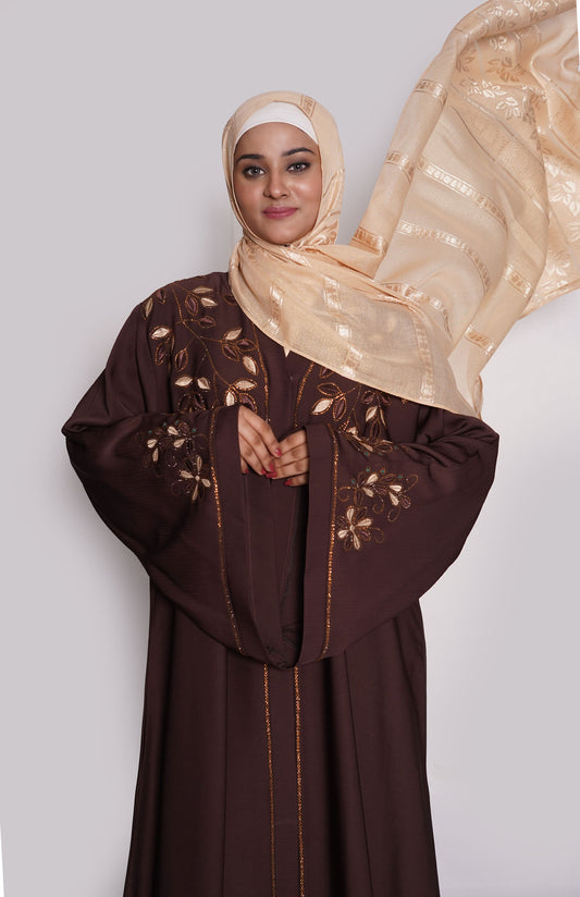 Chocolate Brown Embroidered Nida Abaya