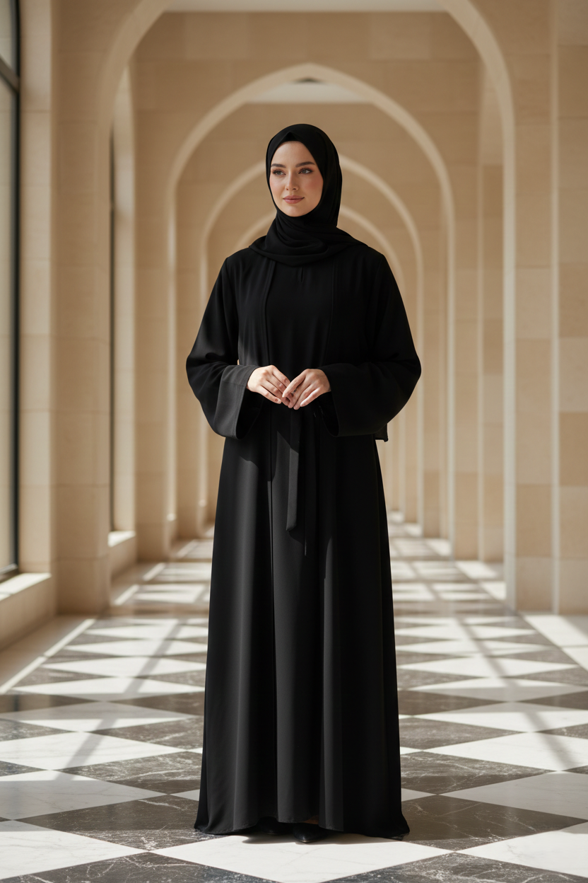 Woman in a black abaya standing in a sunlit hallway with arched ceilings.