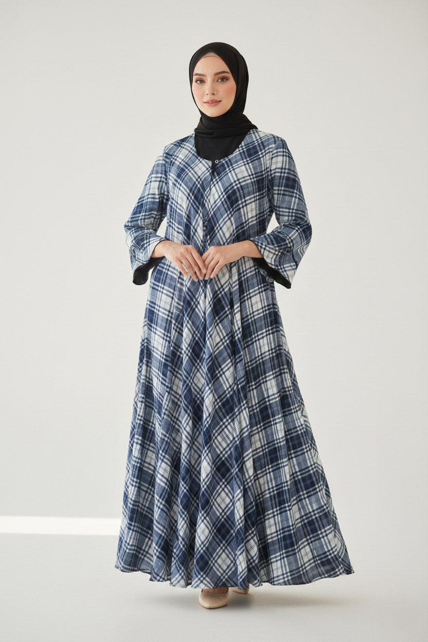 Classic_Blue_White_Plaid_Maxi_Abaya_Diagonal_Tartan_Print_Modest_Dress
