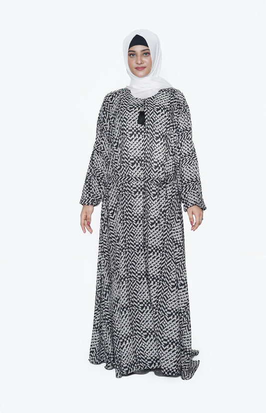 Elegant Black & White Nida Georgette Maxi Abaya with Geometric Print