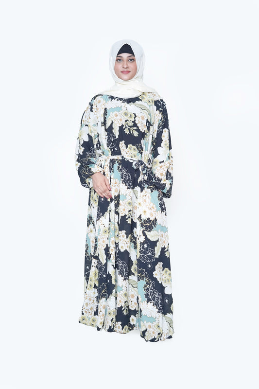Black & Sage Floral Nida Georgette Abaya – Lightweight Everyday Luxe