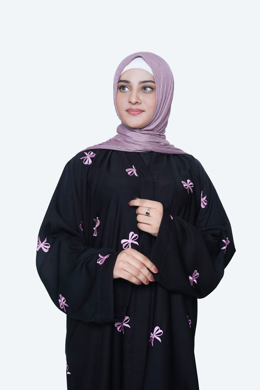 Charming Black Open Abaya with Pink Bow Embroidery Detail