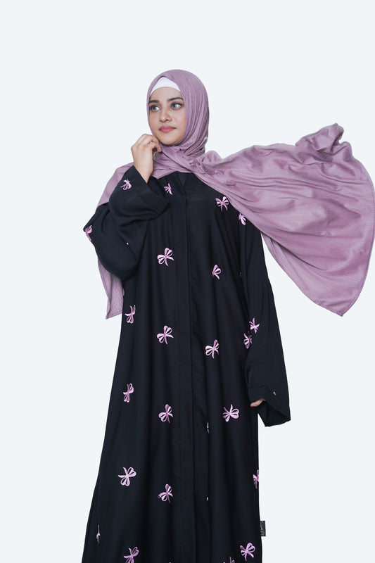 Charming Black Open Abaya with Pink Bow Embroidery Detail