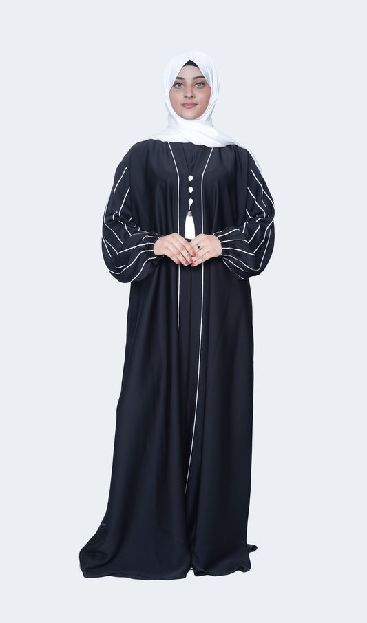 TikTok Nida Black Abaya with Contrast White Piping and Tassel Detail