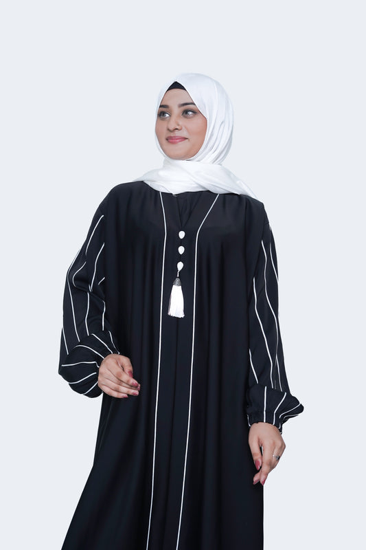 TikTok Nida Black Abaya with Contrast White Piping and Tassel Detail