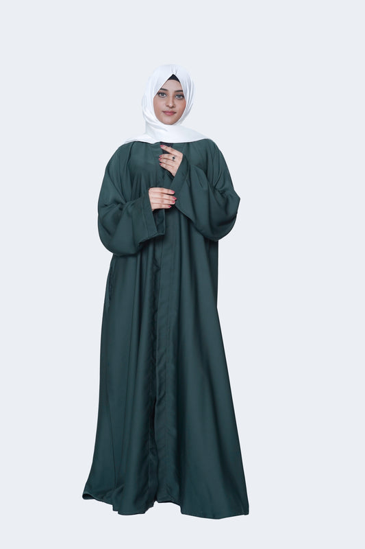 Elegant Forest Green Open Abaya with Long Cuffed Sleeves