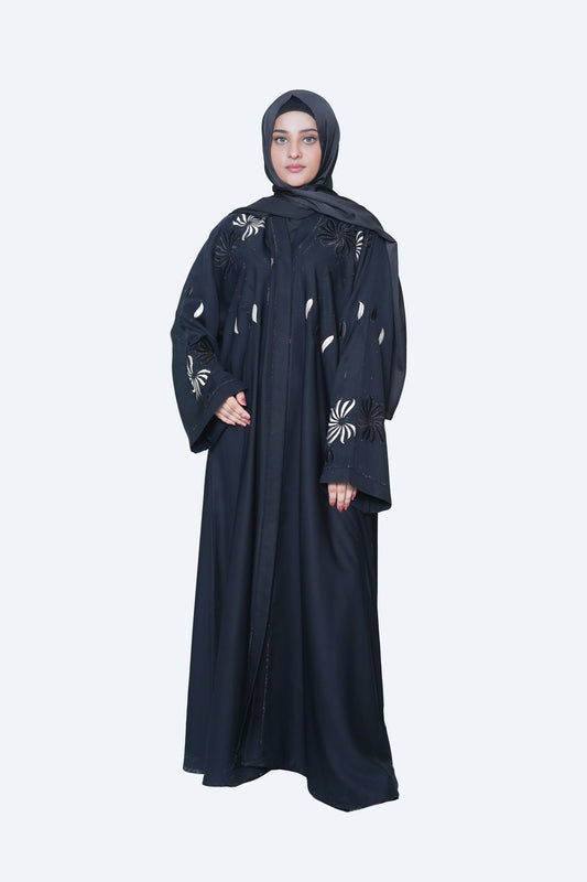 Elegant Black Embroidered Open Abaya with Floral Detailing