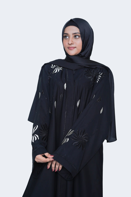 Elegant Black Embroidered Open Abaya with Floral Detailing