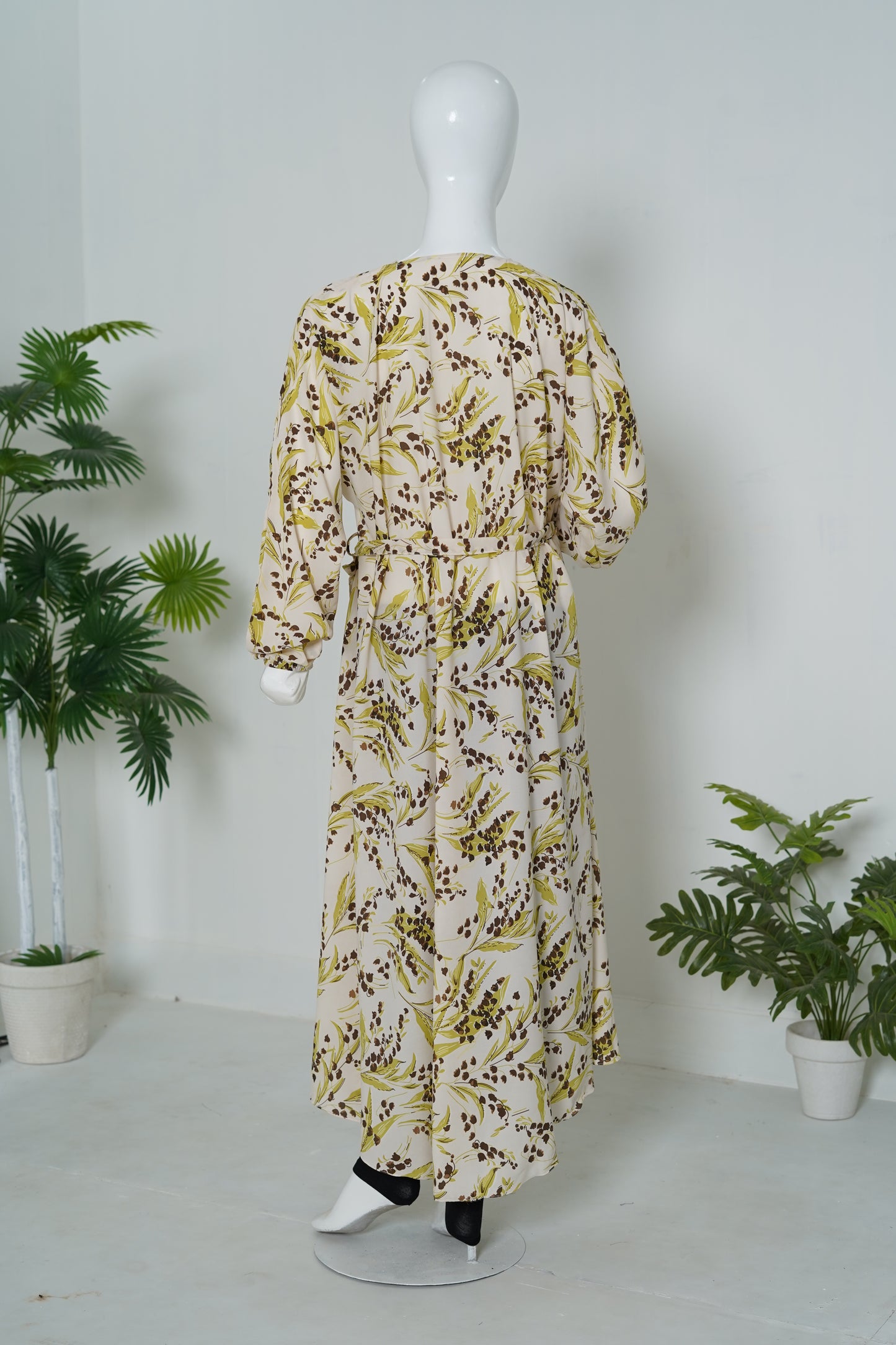 Mulaabis Vibrant Yellow Floral Printed Abaya with Pocket & Belt