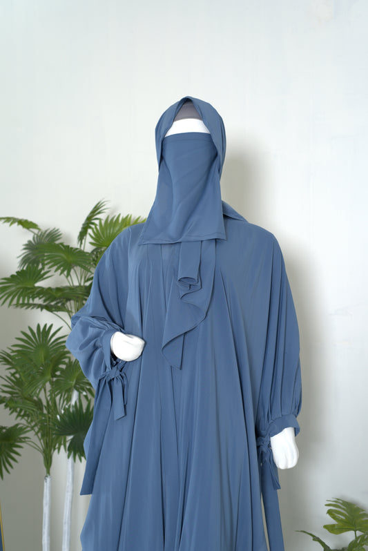 Mulaabis Dusty Blue Butterfly Abaya with Matching Niqab & Hijab Set