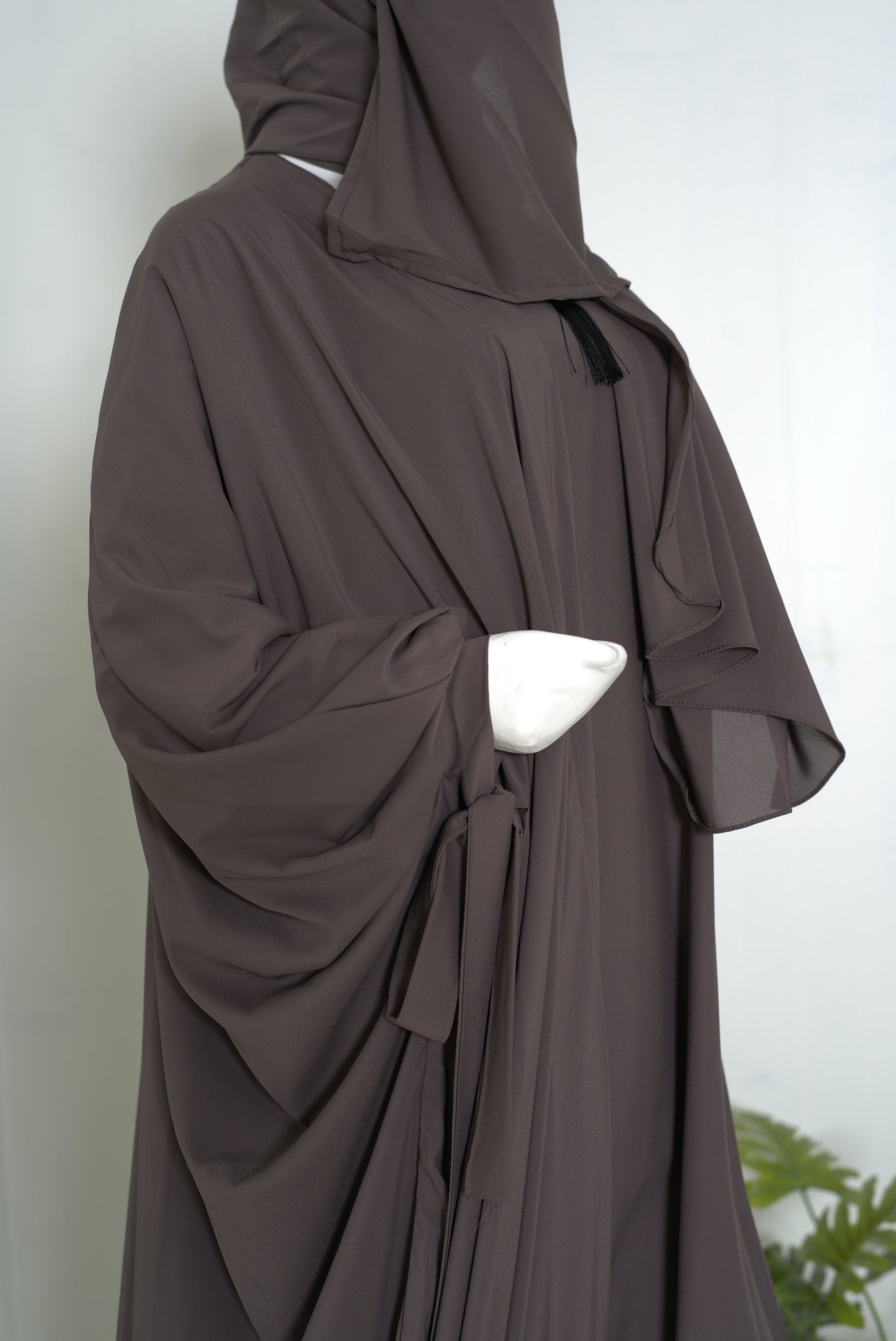 Mulaabis Taupe Brown Butterfly Abaya with Matching Hijab Set