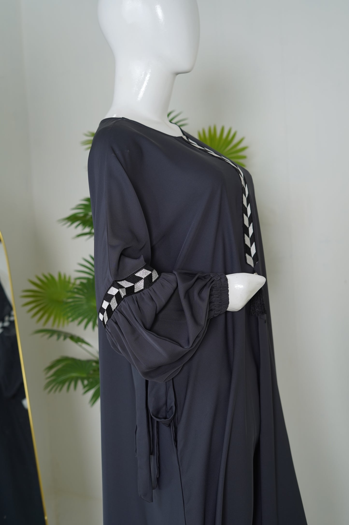 Navy Blue Maxi Abaya | Geometric Black & White Detail | Daily Wear