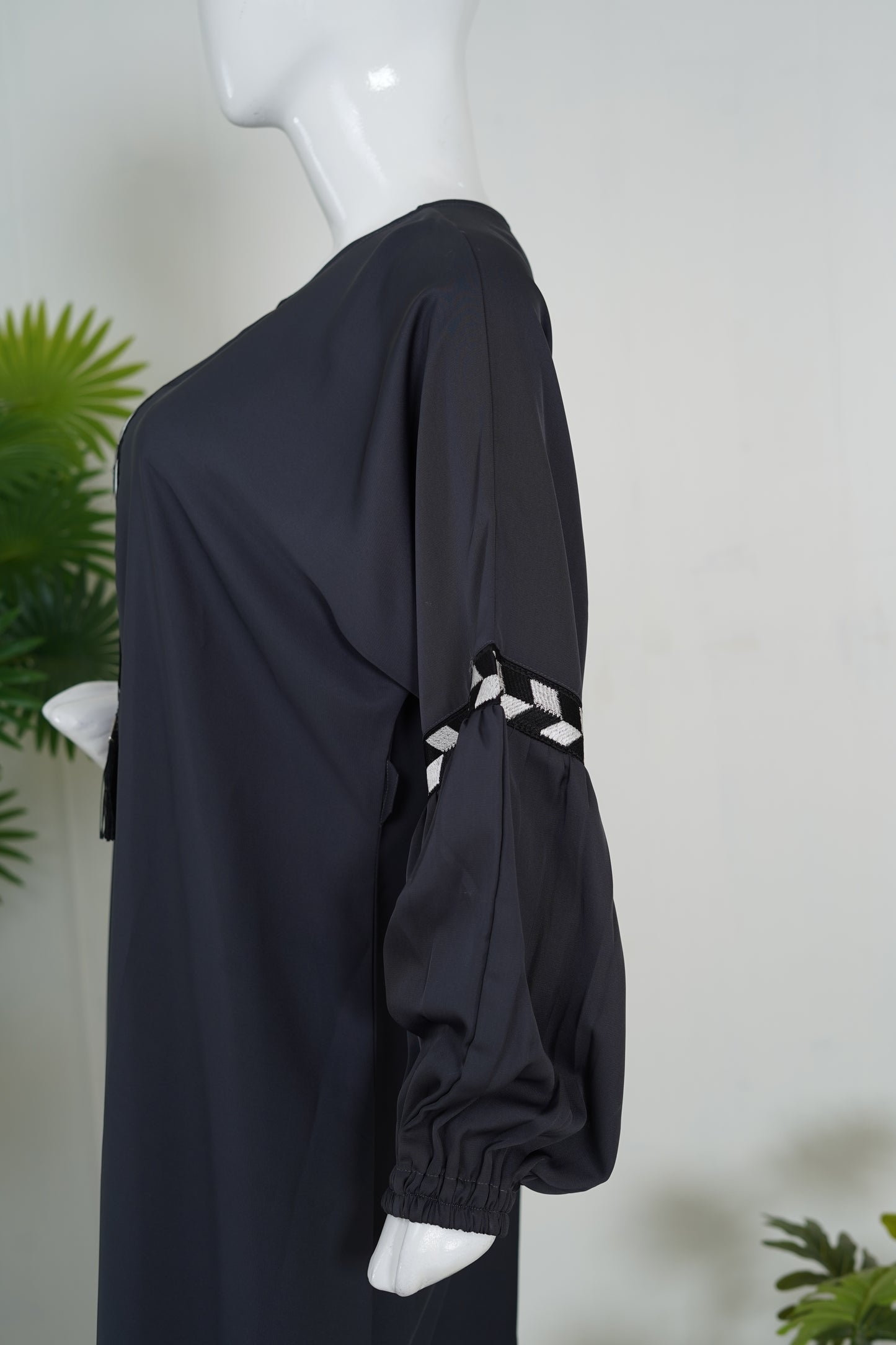Navy Blue Maxi Abaya | Geometric Black & White Detail | Daily Wear