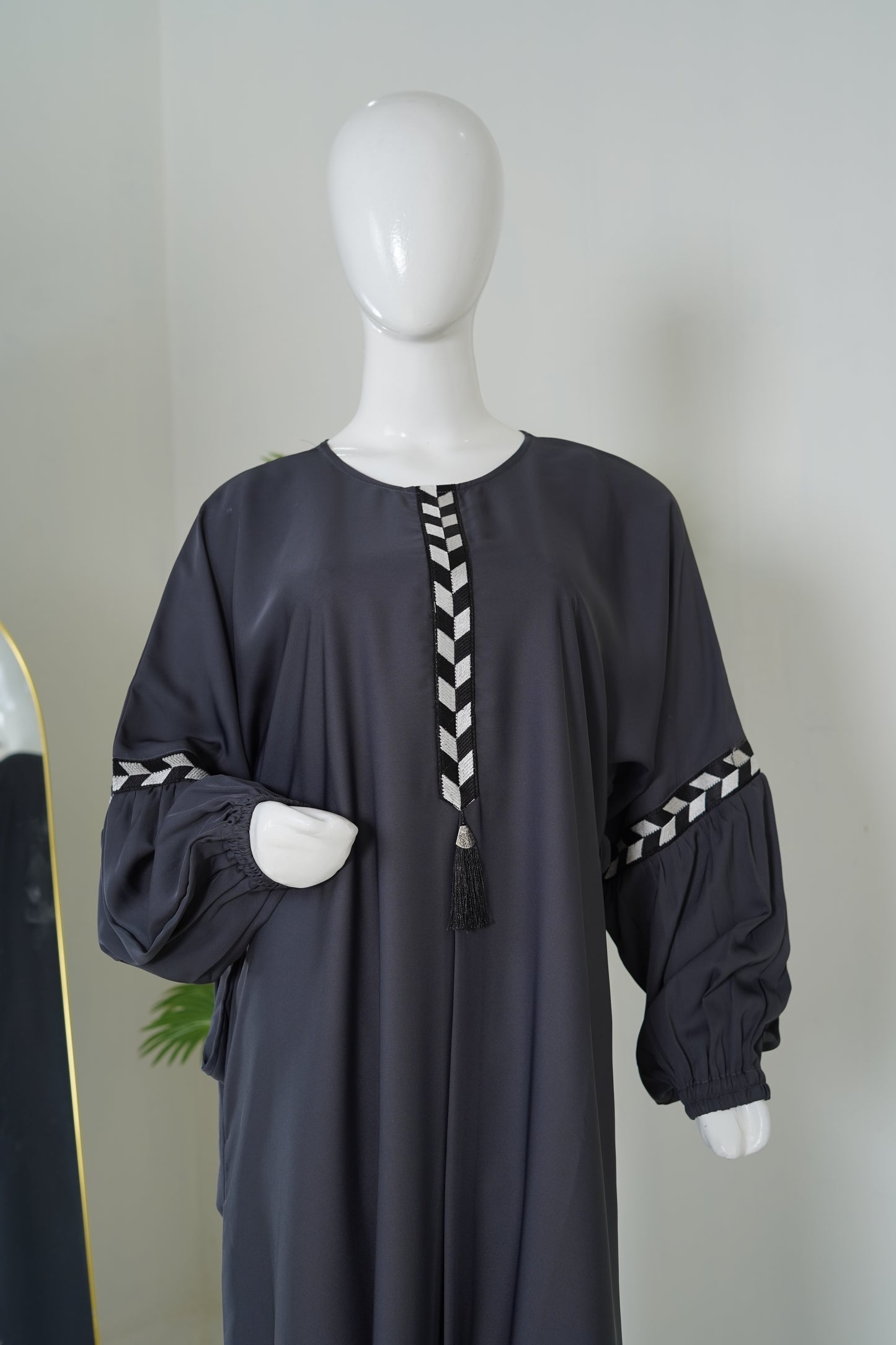 Navy Blue Maxi Abaya | Geometric Black & White Detail | Daily Wear