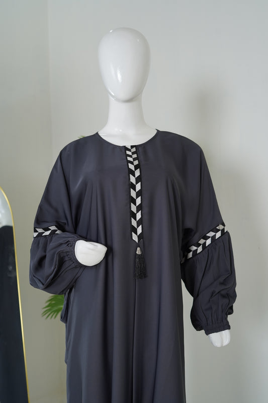 Navy Blue Maxi Abaya | Geometric Black & White Detail | Daily Wear