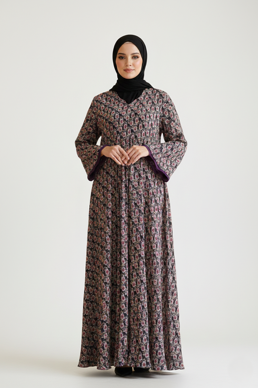 Woman wearing a patterned dress and black hijab on a white background