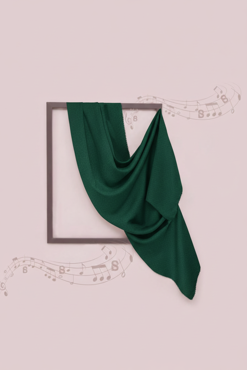 Green fabric draped over a framed picture on a light pink background