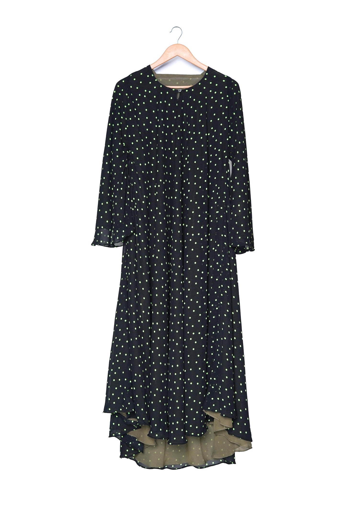 Black & Neon Green Polka Dot Pleated Maxi Dress