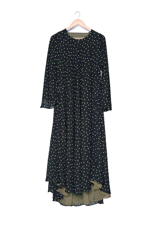 Black & Neon Green Polka Dot Pleated Maxi Dress
