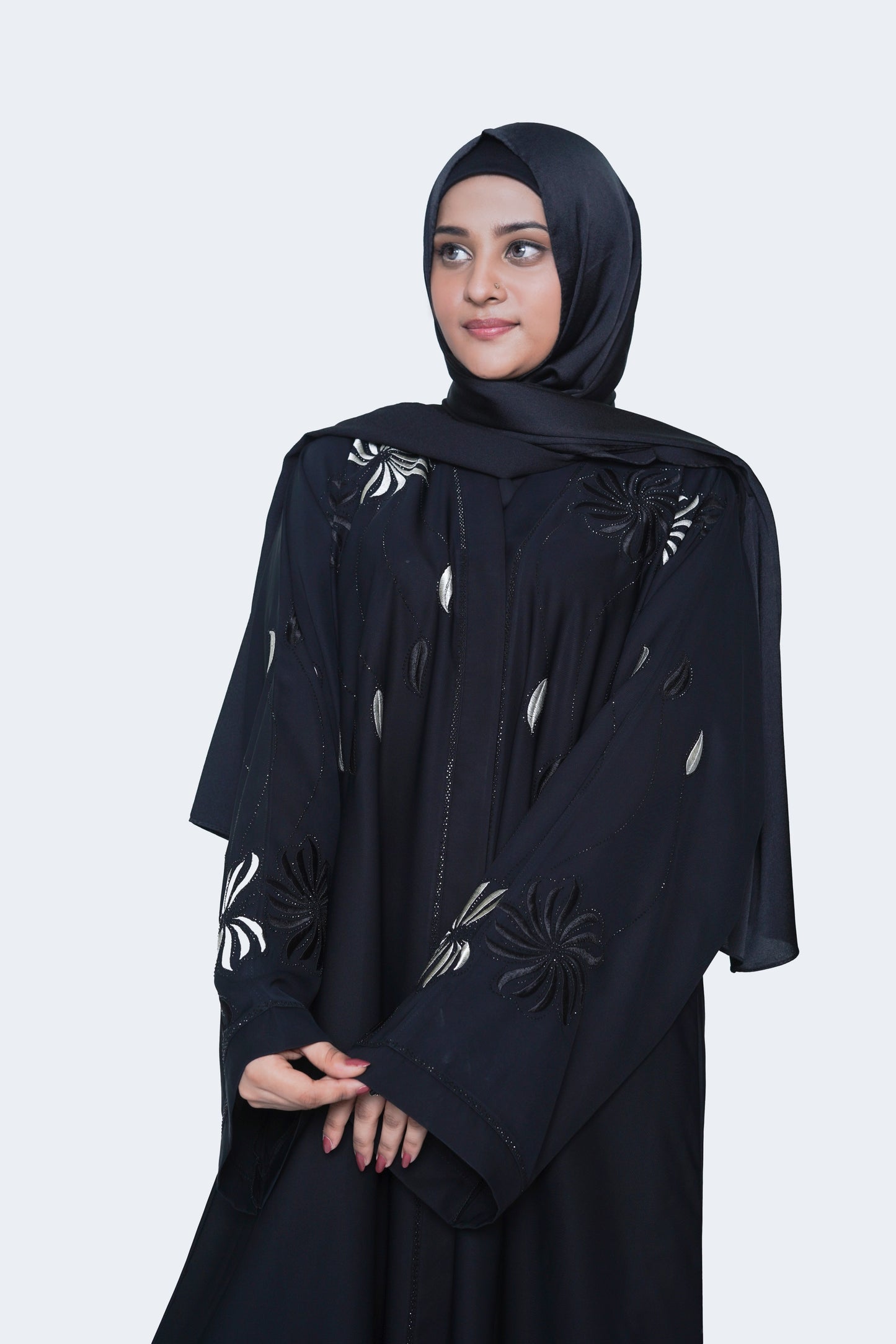 Elegant Black Embroidered Open Abaya 