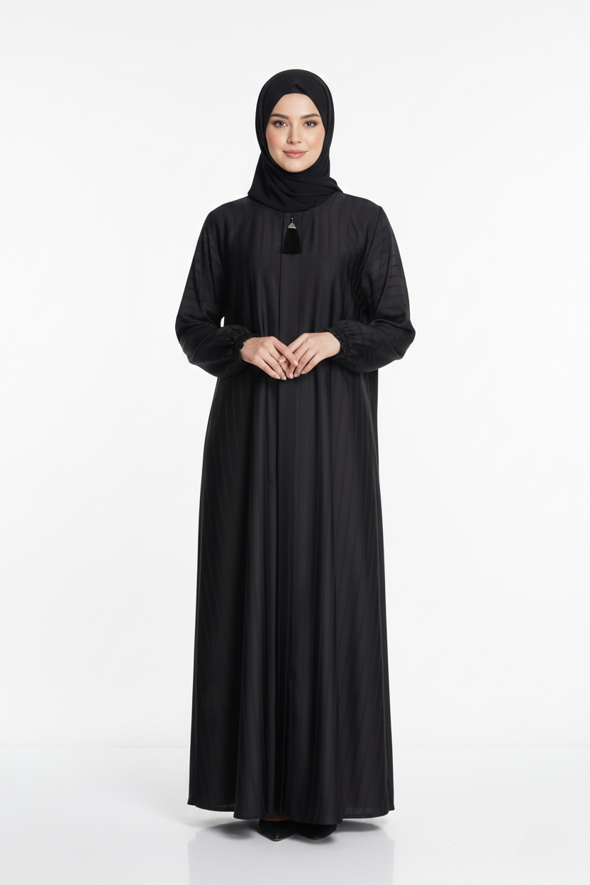 Elegant_Black_Textured_Abaya_Full_Length_Dress_with_Tassel_Detail