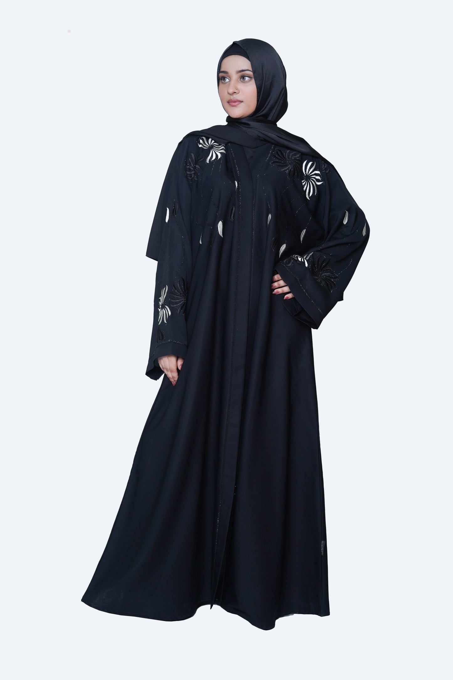 Elegant Black Embroidered Open Abaya 