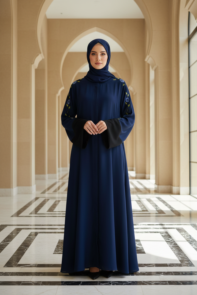 Woman in a navy blue abaya standing in a decorative hallway with arches.