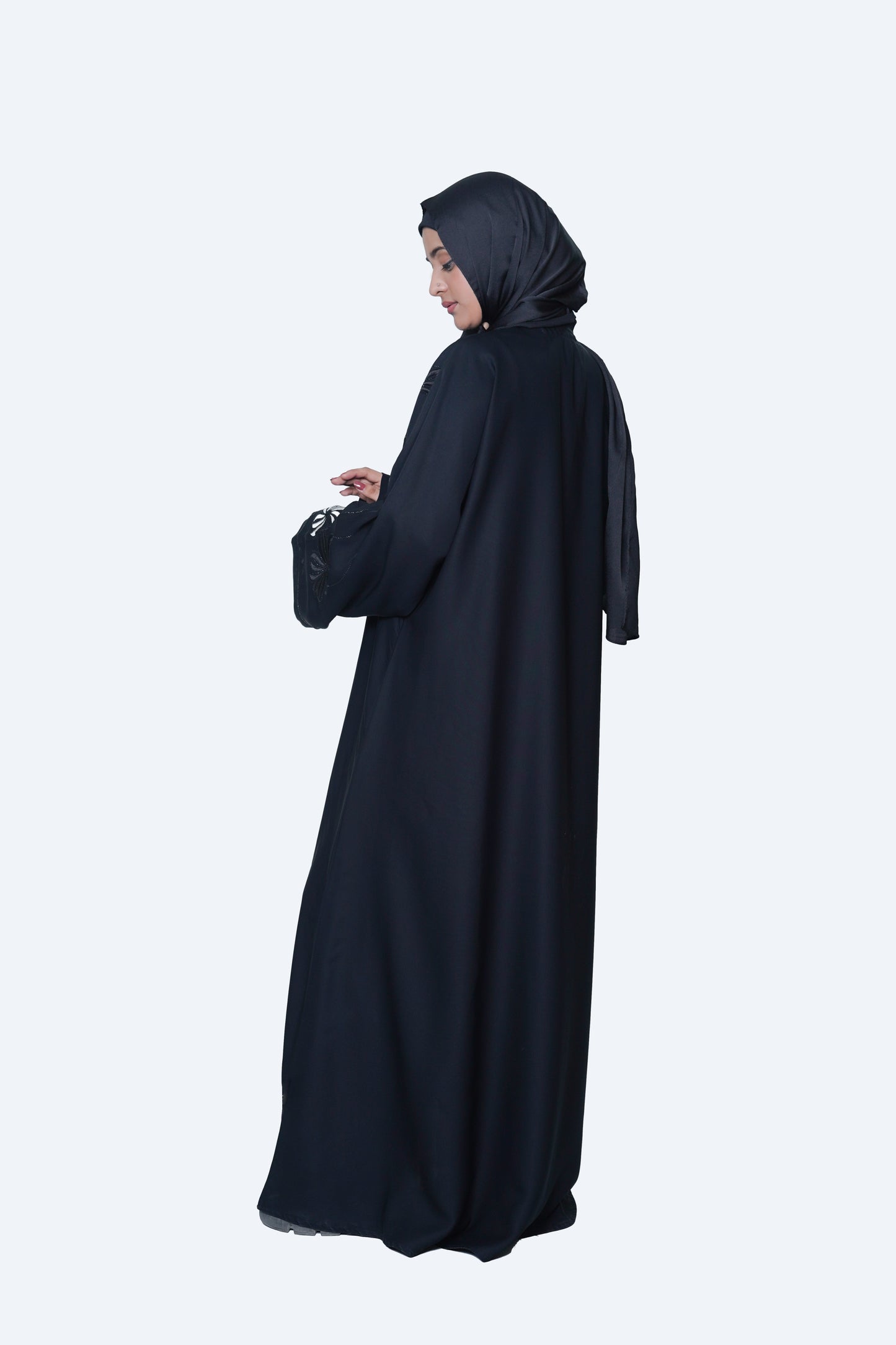 Elegant Black Embroidered Open Abaya 