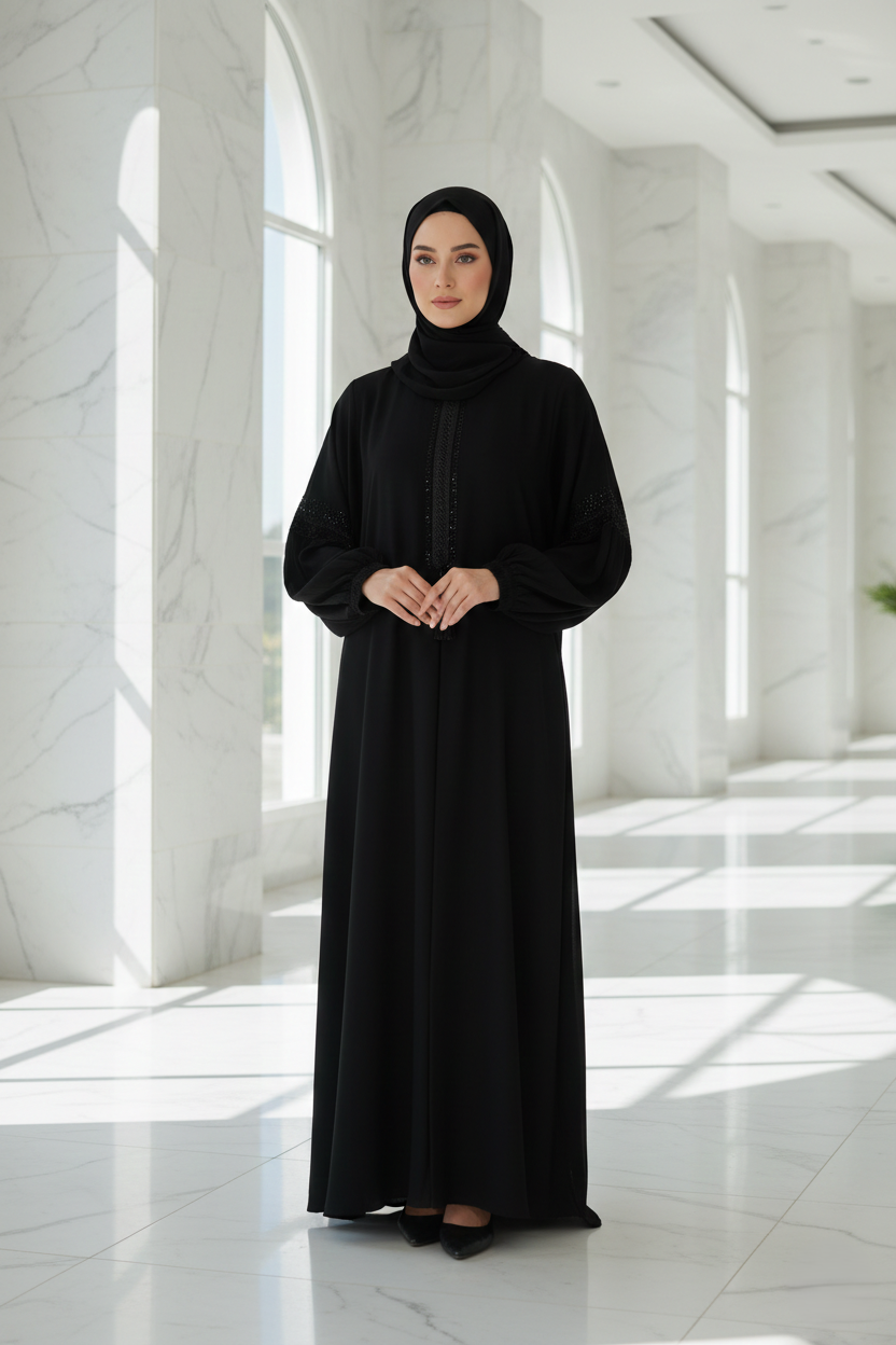 Woman in a black abaya standing in a bright, white architectural interior.