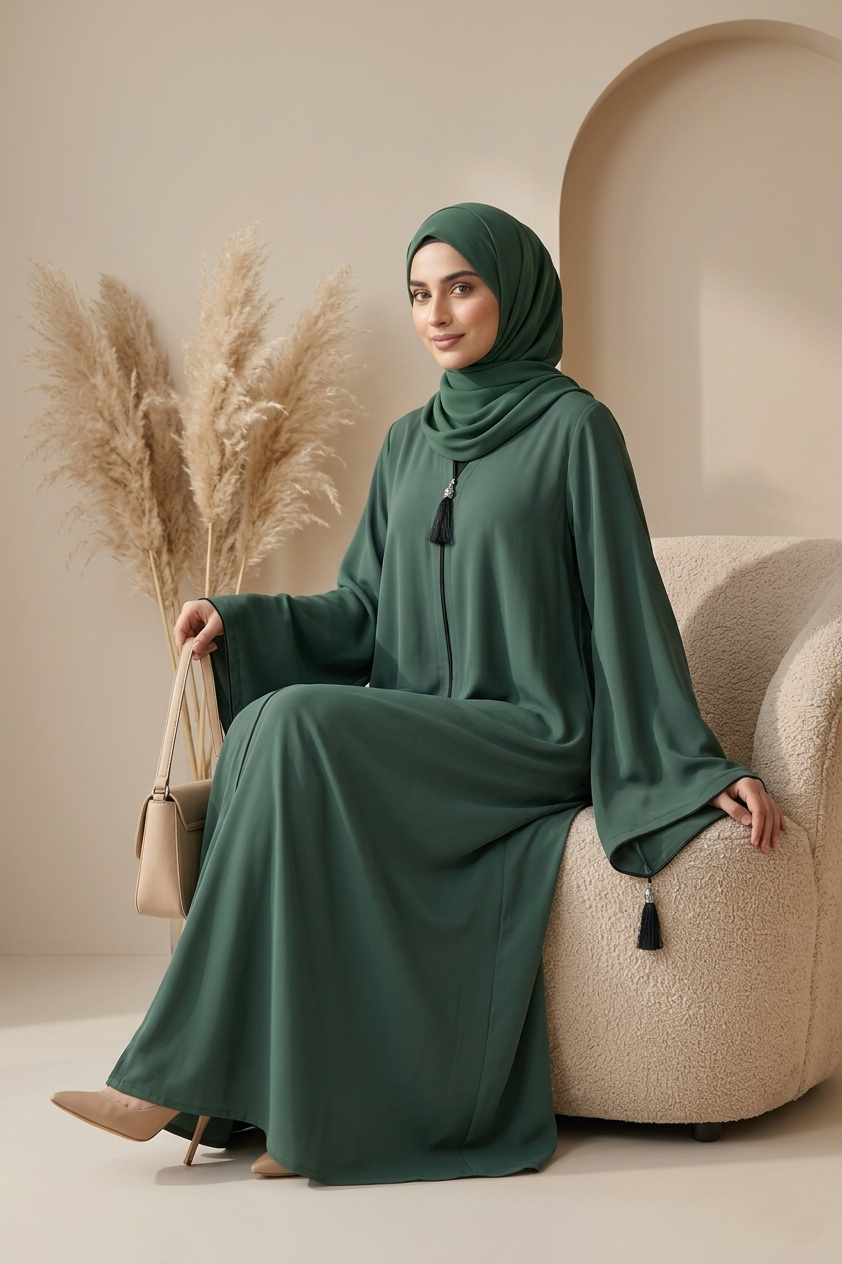 Forest Green Flowy Abaya with Tassel Details | Daily Wear Maxi Dress
