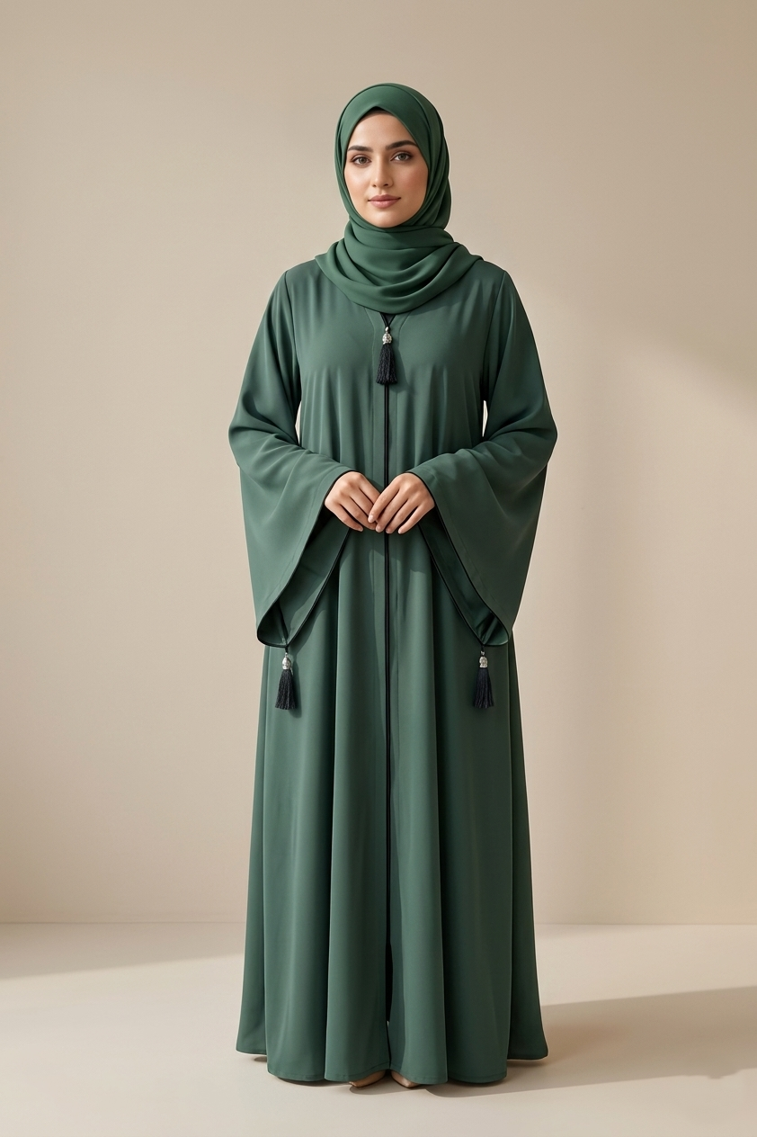 Forest Green Flowy Abaya with Tassel Details | Daily Wear Maxi Dress