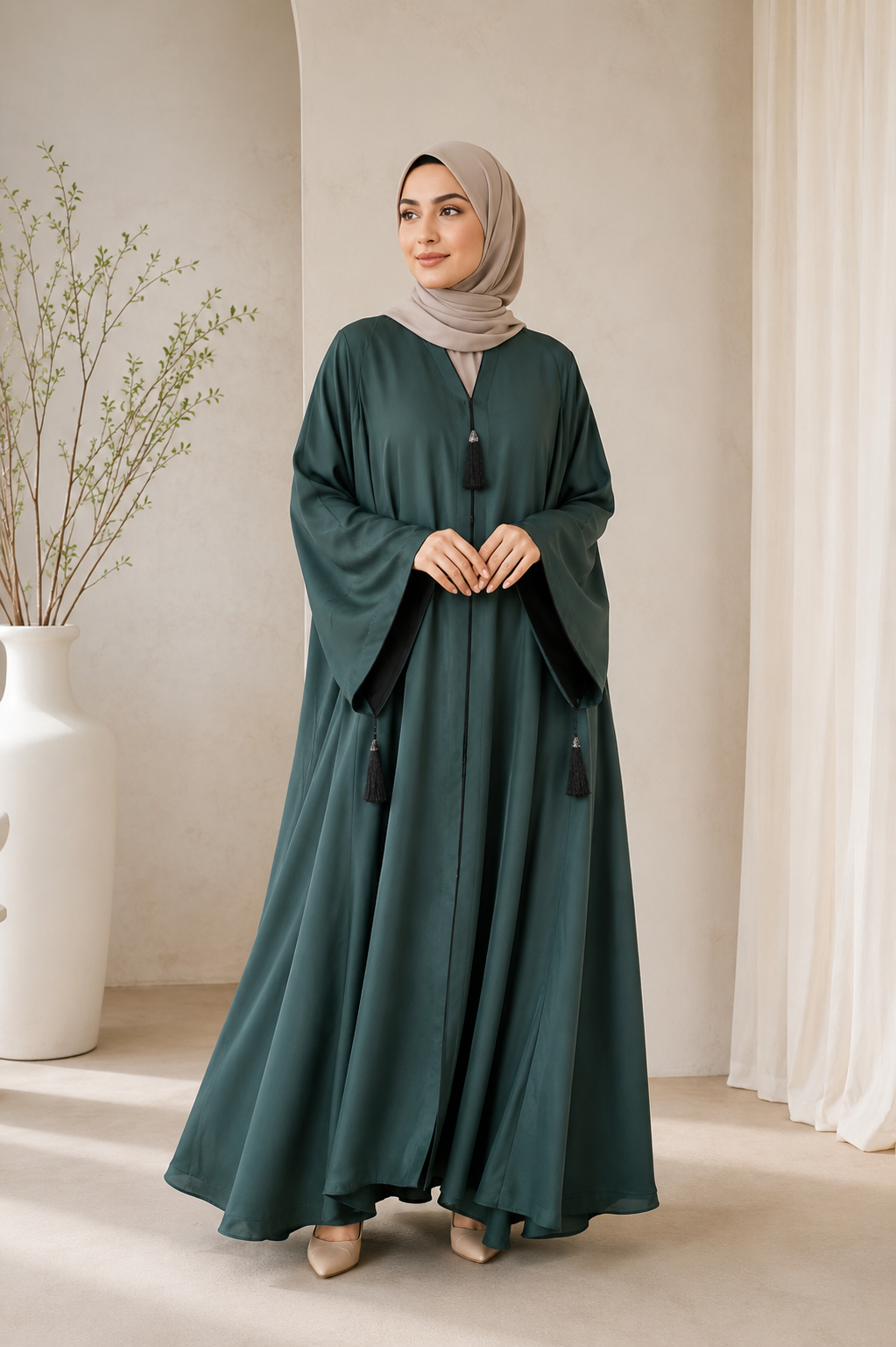 Forest Green Flowy Abaya with Tassel Details | Daily Wear Maxi Dress